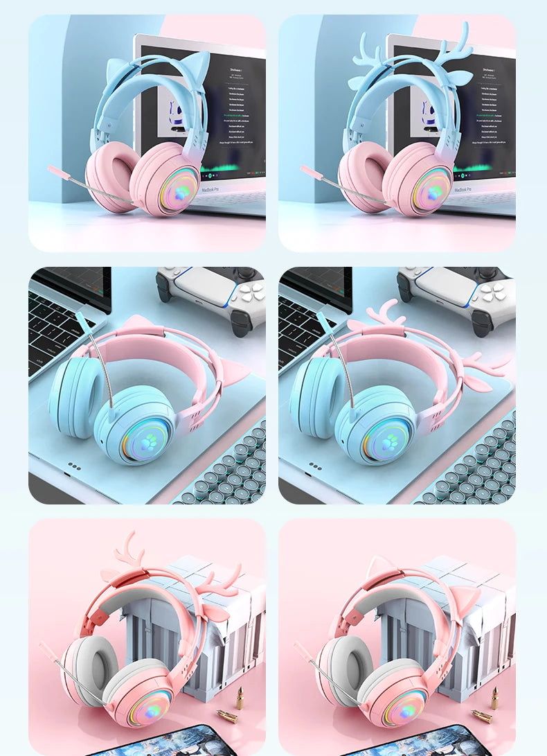 RGB Gaming Headset with Cat Ears and Deer Antlers – Fun Look, Pro Performance!