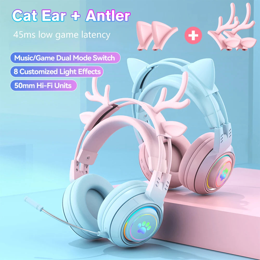 RGB Gaming Headset with Cat Ears and Deer Antlers – Fun Look, Pro Performance!